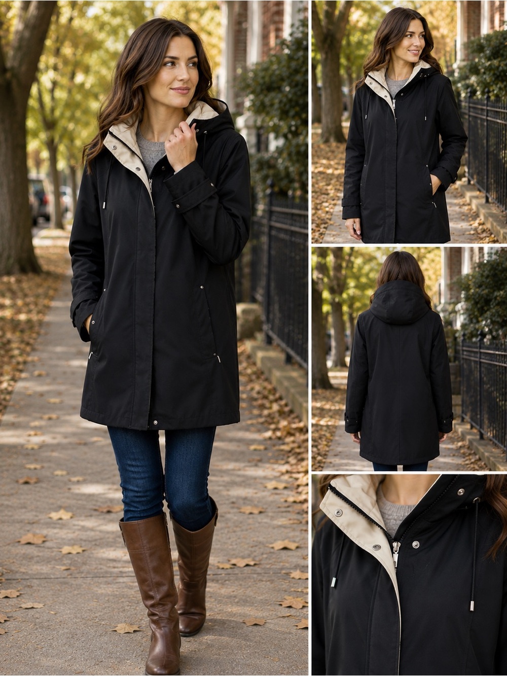 London Fog Black Hooded Water Resistant Fall Raincoat Jacket M